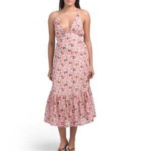 NWT EN CREME Cris Cross Back Pink Floral Halter Midi Dress Metallic Threaded